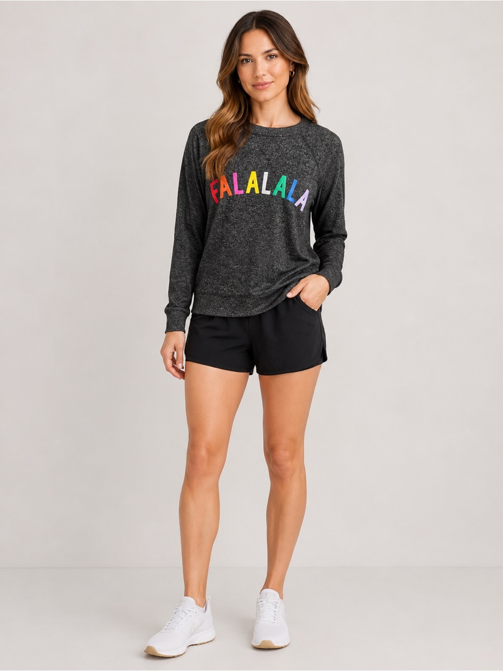 PINK‎ Victoria's Secret S Charcoal Crewneck Sweatshirt w/ Rainbow 'FALALALA'